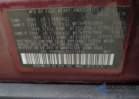 2011 Subaru Outback 2.5I from USA, damaged, VIN 4S4BRBAC6B3374936